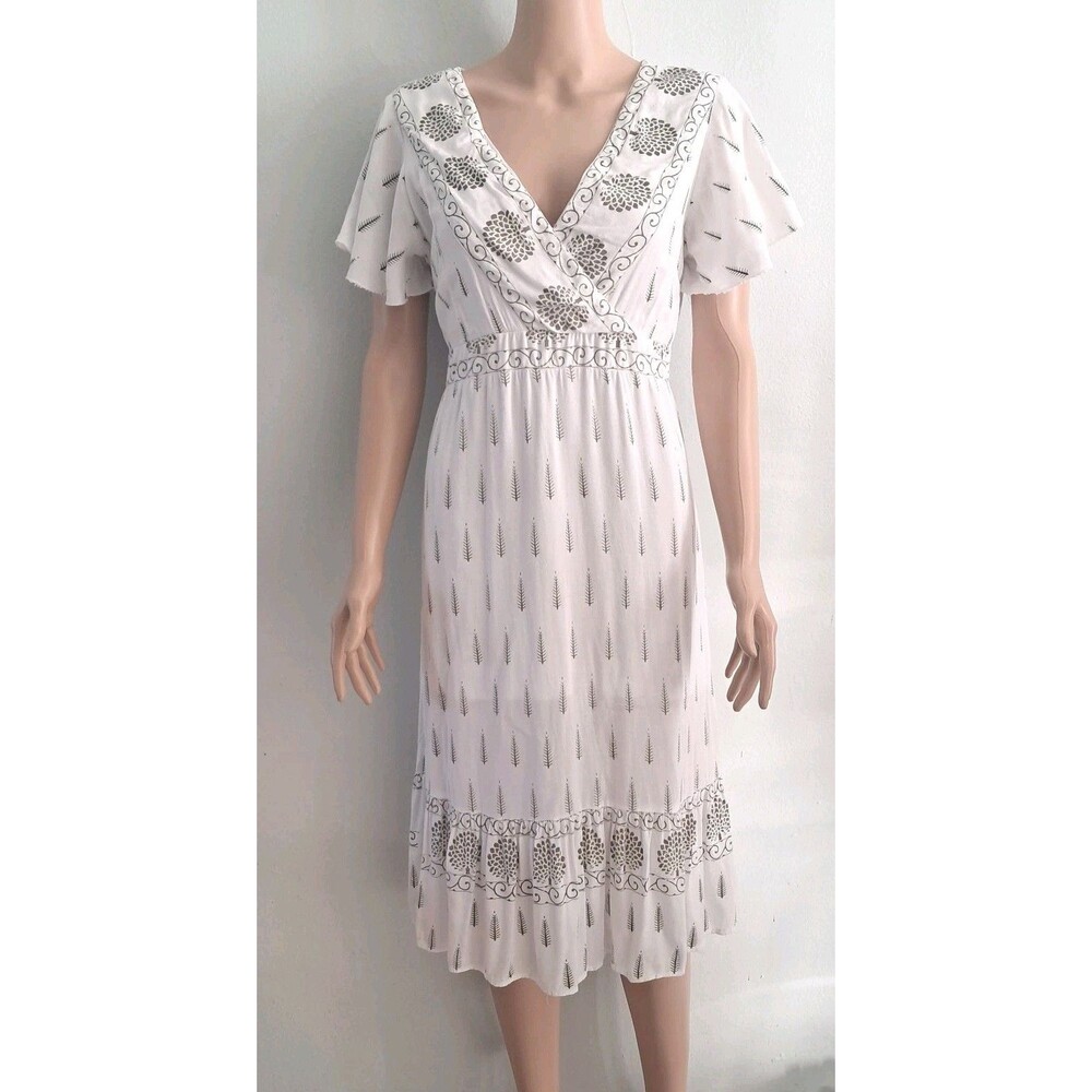 Lapogee Women’s Midi Dress Size S White Black Print Rayon Lined Elastic Waist...